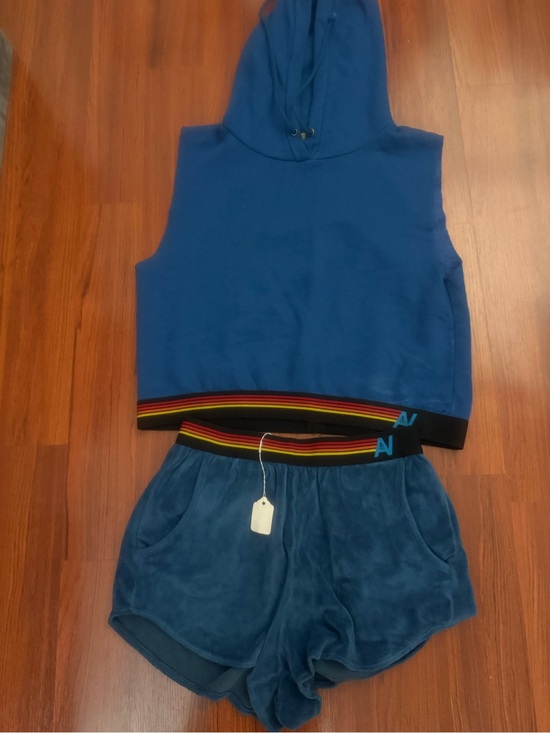 Aviator Nation Pants - Aviator Nation Blue Hooded Crop Top and Velour Shorts with Rainbow Waistband